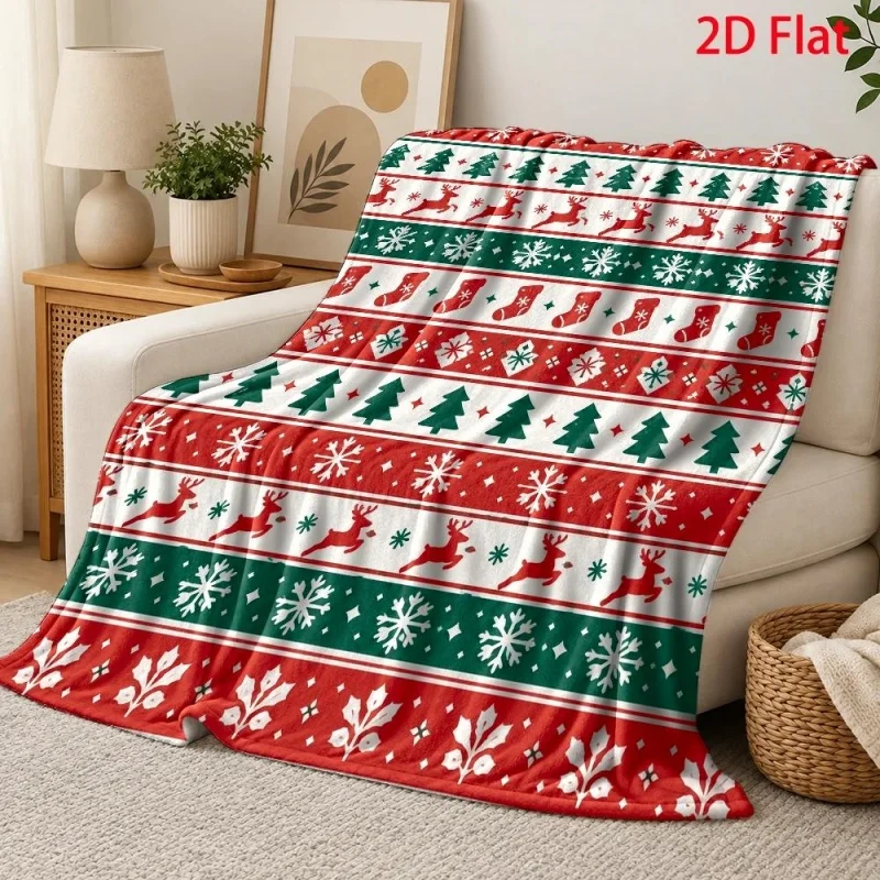 Striped Christmas Element Print Throw Blanket, Reindeer Tree Snowflake Stocking Pattern Soft Home Throw Blanket