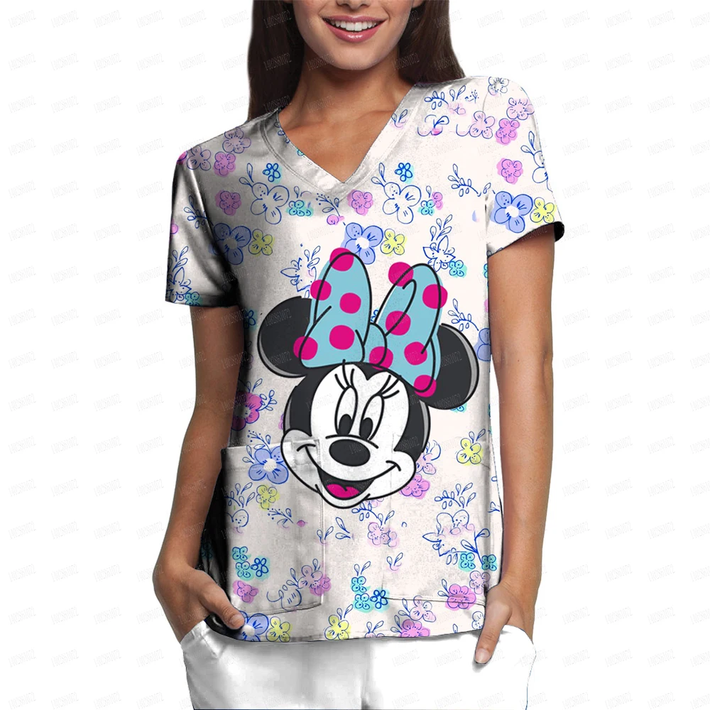 Scrub Tops Women Short Sleeve V-neck Tops Nurse Uniform Disney Minnie Working Blouse Ladies T-shirts Uniforme Enfermera Mujer