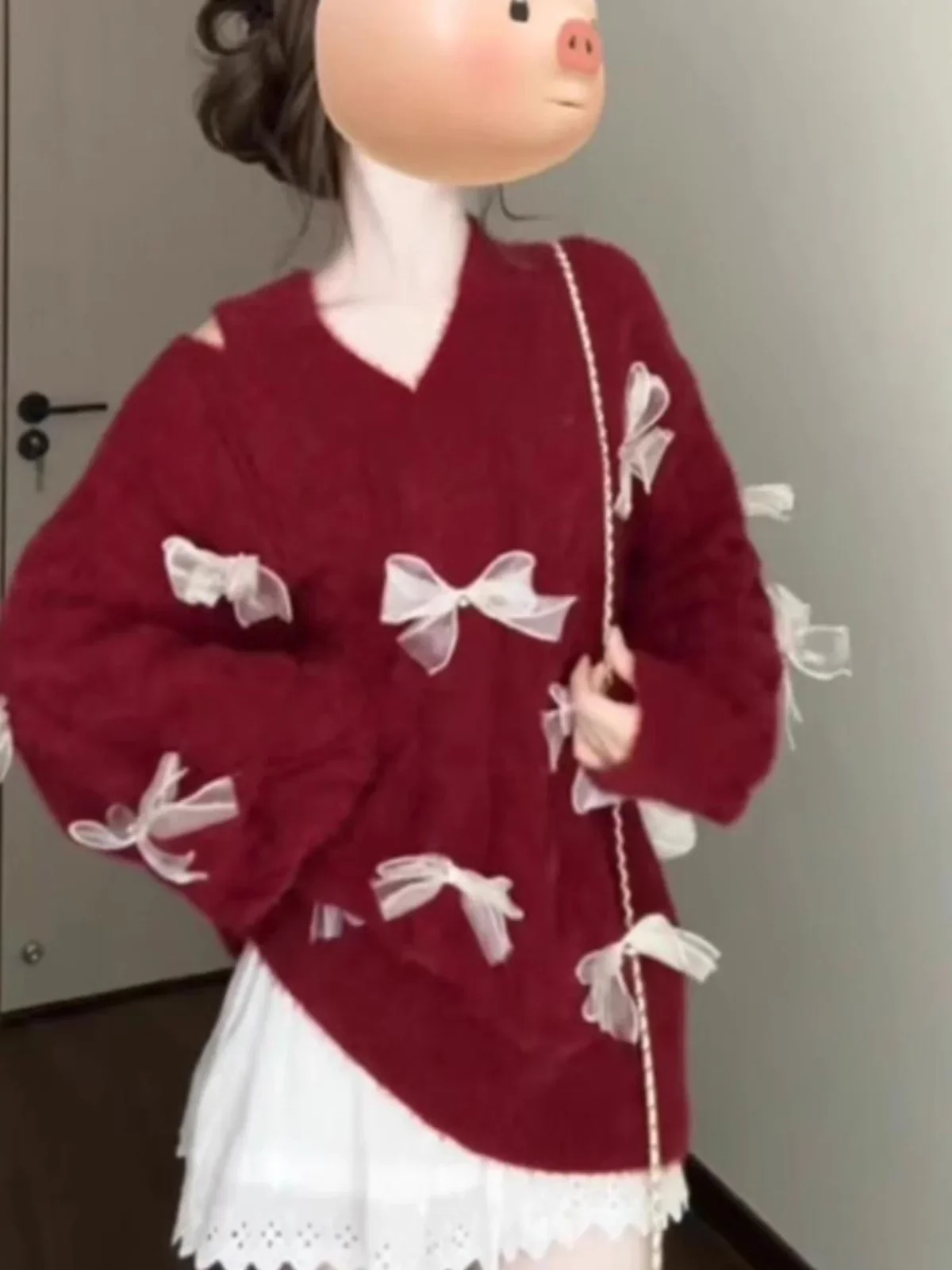 Sweet Soft Glutinous Off Shoulder Red Bow V-neck Sweater Women Clothing Autumn/Winter Minority Slouchy Knit Pullovers Women Tops