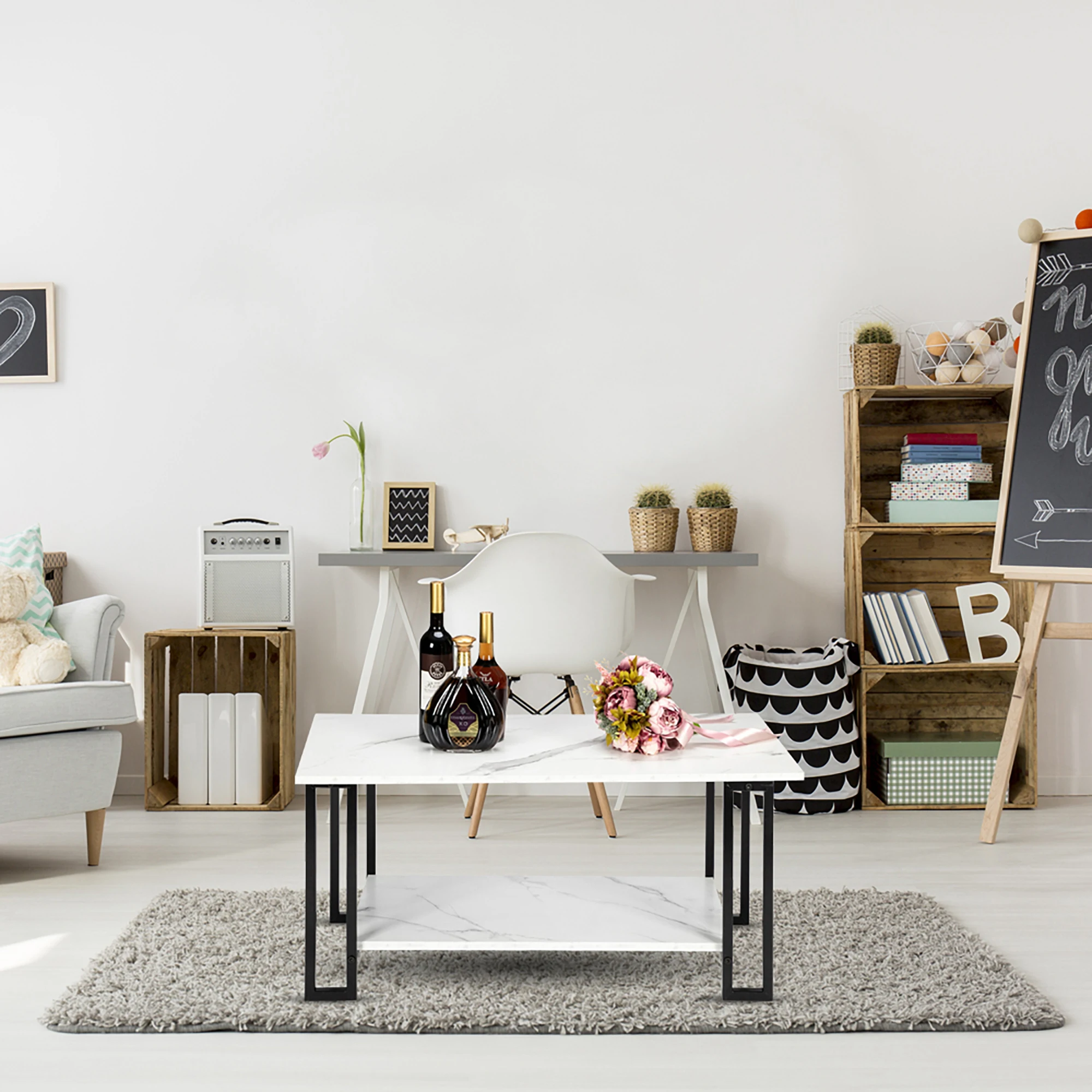 

Rectangle Coffee Table, 2 Layers Marble Mdf Tabletop, White Top, Black Leg, for Dining Room, Coffee Shop, Restaurant