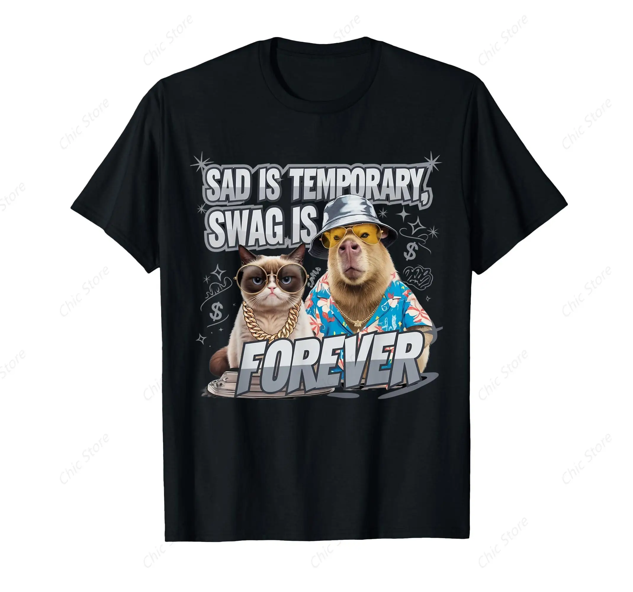 Funny Meme T-Shirt Cotton Sad Is Temporary Swag is Forever Vintage Retro 90s Capybara TShirt Mens Clothing for Daily GYM Tee Top