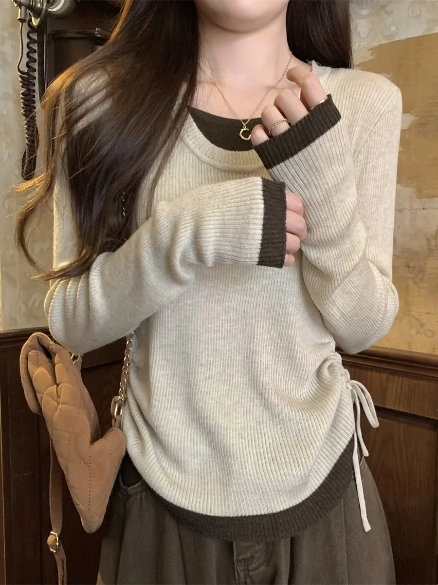 

Early Spring Women's round Ne Knitted Long Sve Base irt Korean Sle High Sensation 2025 New Sle Ciwalk Commute Wind