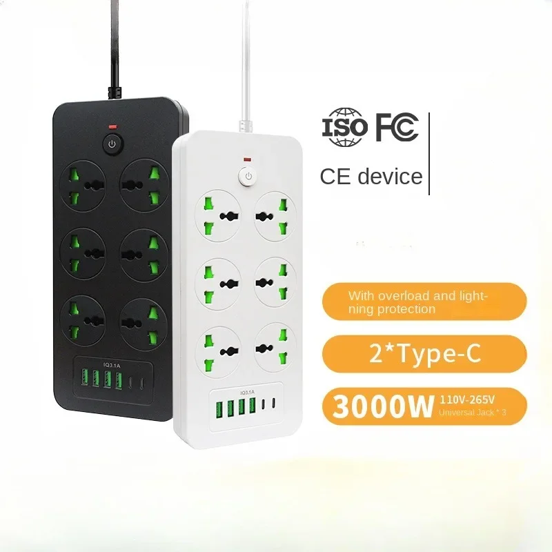 

Многофункциональная пластина питания для Великобритании, ЕС, США, пористая розетка с портом USB C, удлинитель с молниезащитой, перегрузочный плагин, 2 м
