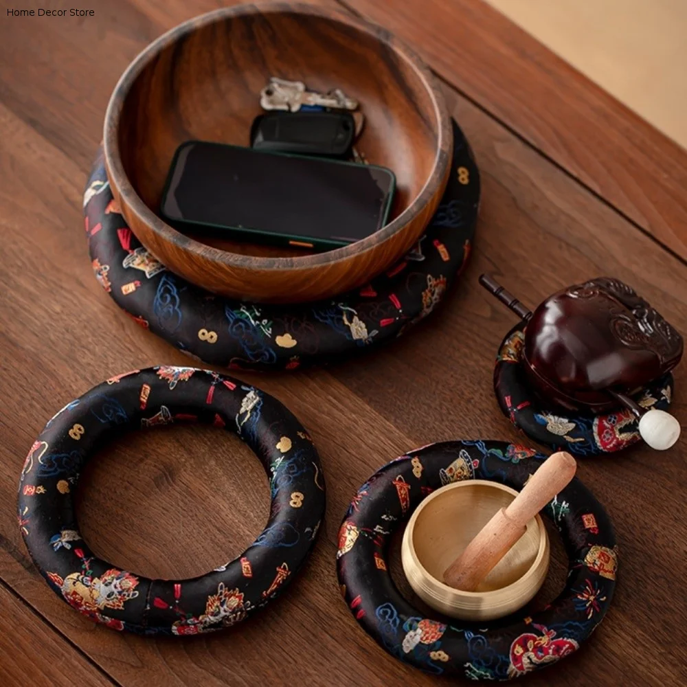 Nepalese Dragon Design Singing Bowl Mat Donut Shape Non Slip Sound Copper Out Mat Traditional Brocade Wooden Fish Coaster Yoga