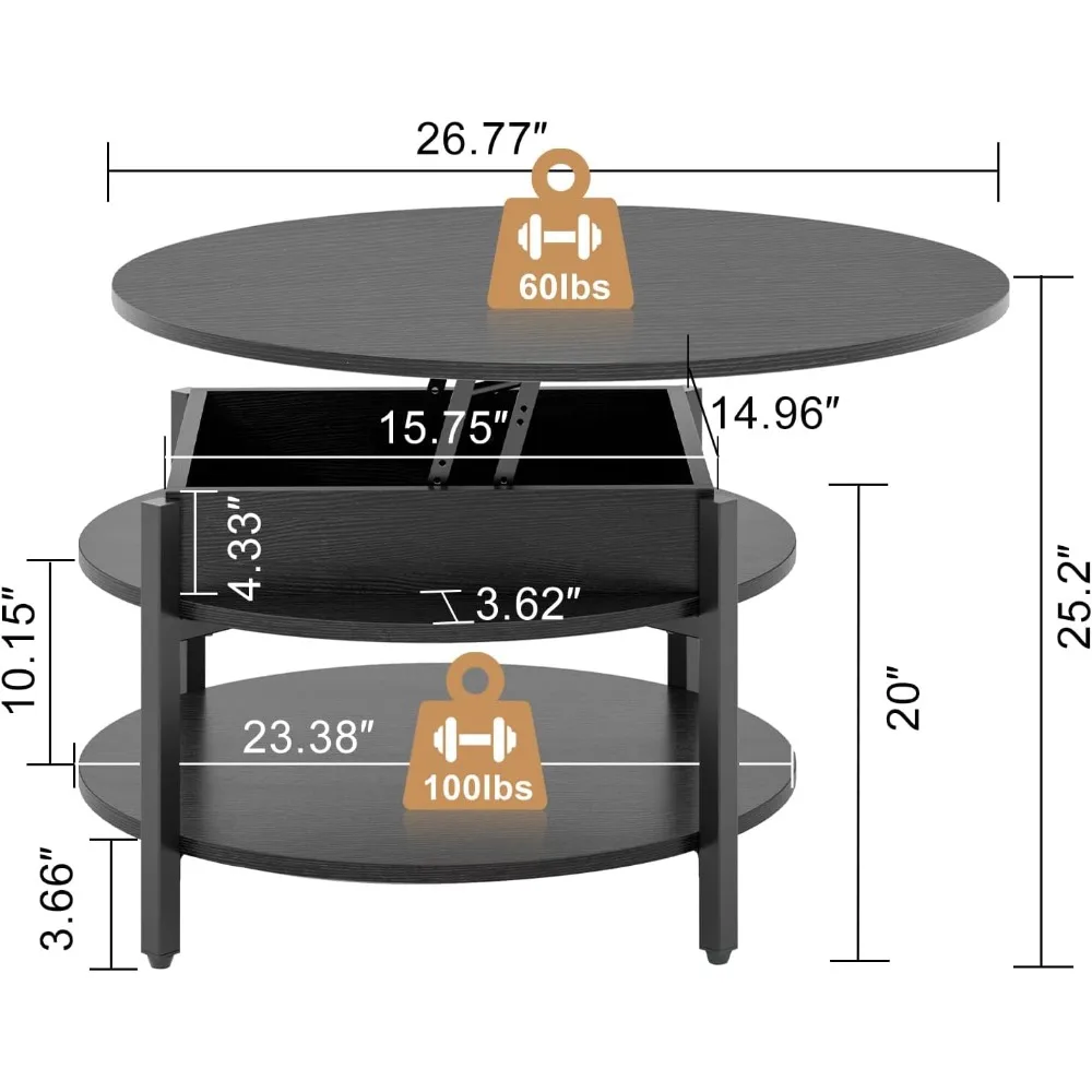 Round Lift Top Coffee Table with Storage and Hidden Compartment, 26.77'' Farmhouse Coffee Table