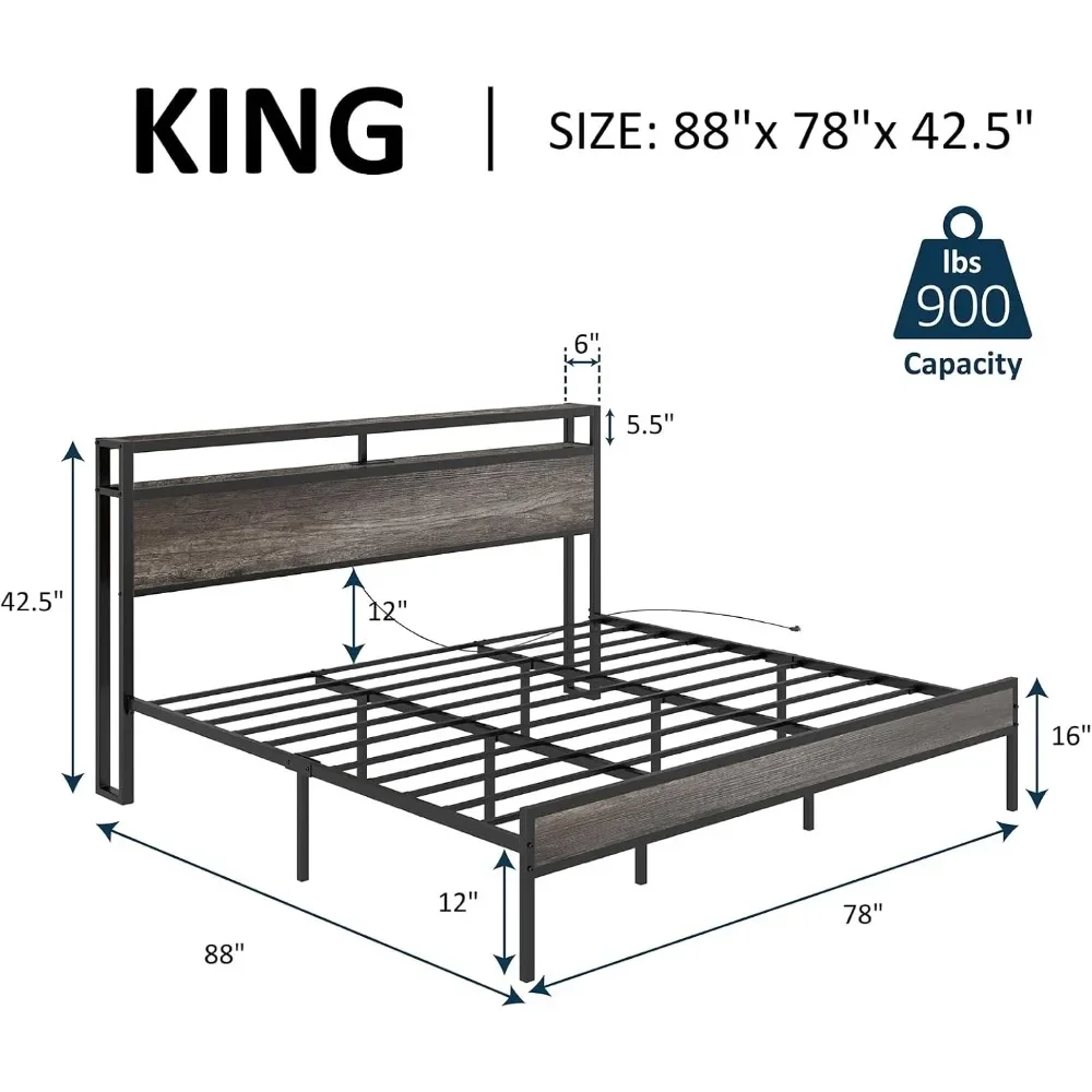 King Size Bed Frame with Charging Station, 2-Tier Storage Headboard No Box Spring Needed Noise-Free, Industrial Platform Bed