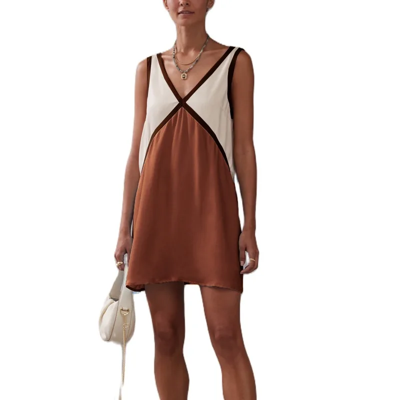 Sexy Y2K Boho Vacation Beach Dress Summer Women Color Block Bohemian Dress Elegant Sleeveless V Neck Loose Mini Dress