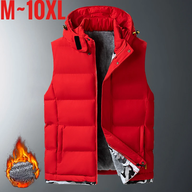 Big Size Men's Padded Vest Hooded Zip-up Fleece Lined Sleeveless Jacket Male Winter Thick Warm Brushed Work Hiking XJ360