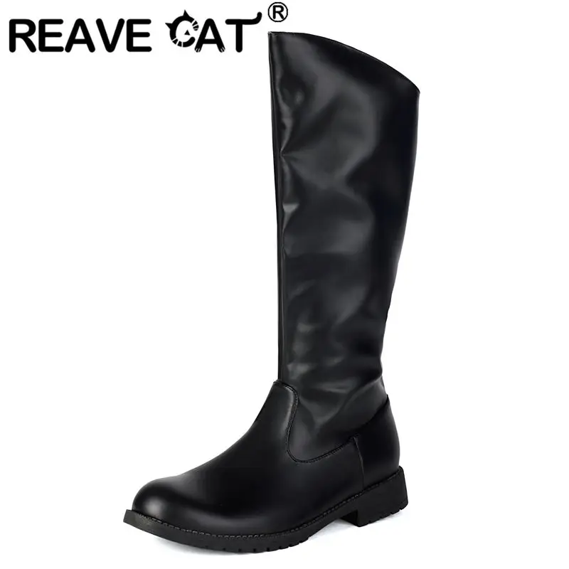 REAVE CAT Brand Retro inspired Riding Footwear Round Toe Thick Heels 3cm Slide  Big Size 46 47 48 49 Casual Knee High Bota