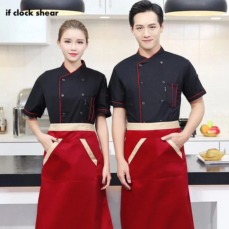 Youth Breathable Thin Jacket + Hat + Apron Summer Short Sleeve Set Restaurant Hotel Kitchen Workwear Chefs uniform Men and Women