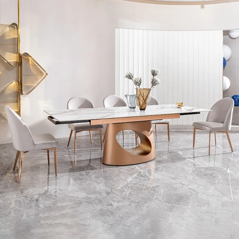 Slate dining table retractable high-grade rose gold stainless steel rectangular 8-seat dining table and chairs