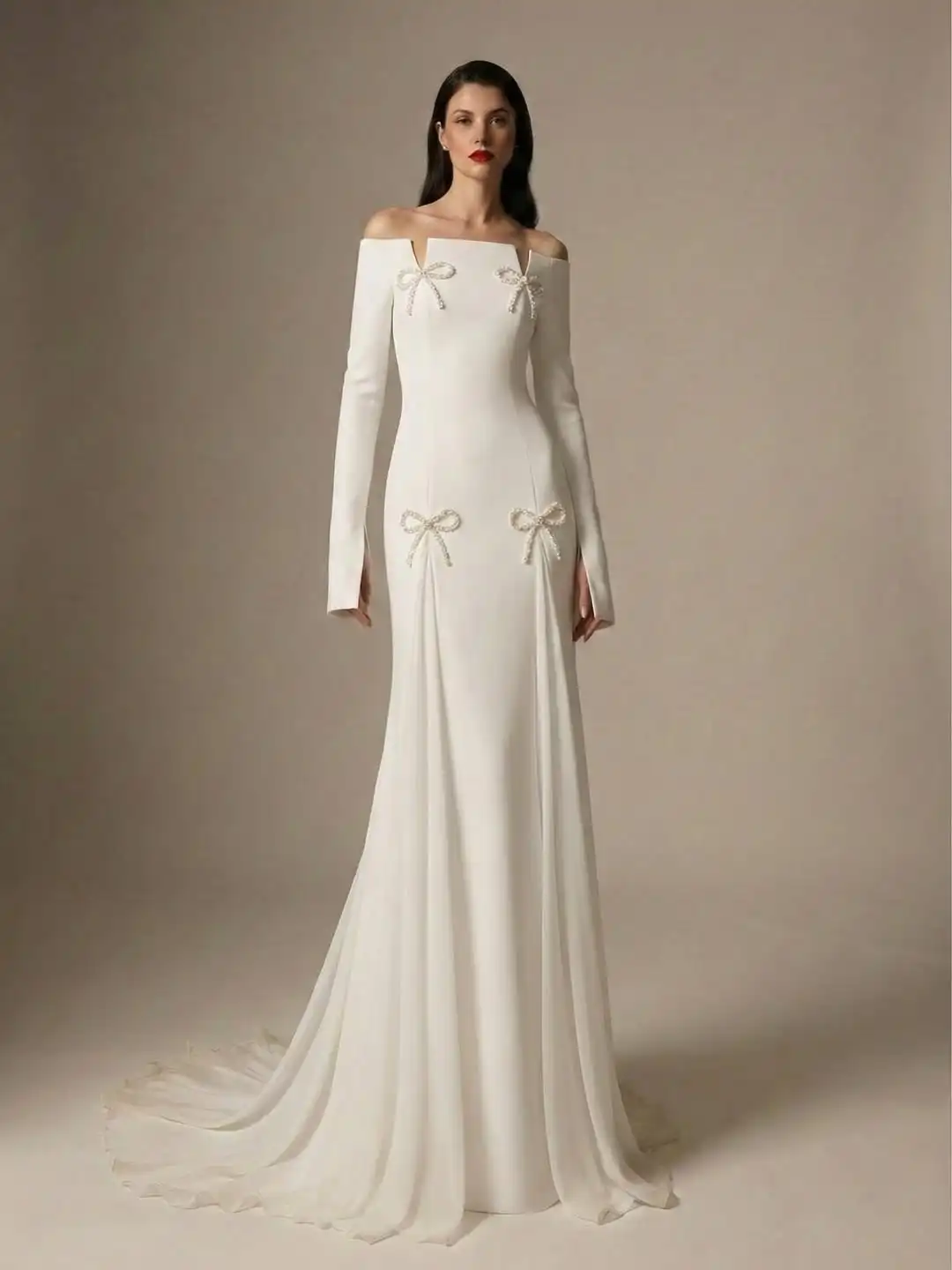 Ramadan Custom Elegant Off-Shoulder Wedding Gown Long Sleeve Evening Prom Party Mermaid Dress Pearl Bow Chapel Train Saudi