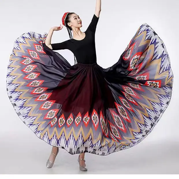 Women's Traditional Flamenco Dance Red and Black Flowing Half-Skirt 720-Degree Spin Practice Cosplay Stage Dance Performance