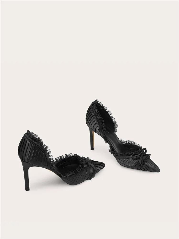 Summer and Autumn New Pointed Hollow Black Lace Folded Bow Sandals Banquet Large Size Small Size Widening High Heels Women Shoes