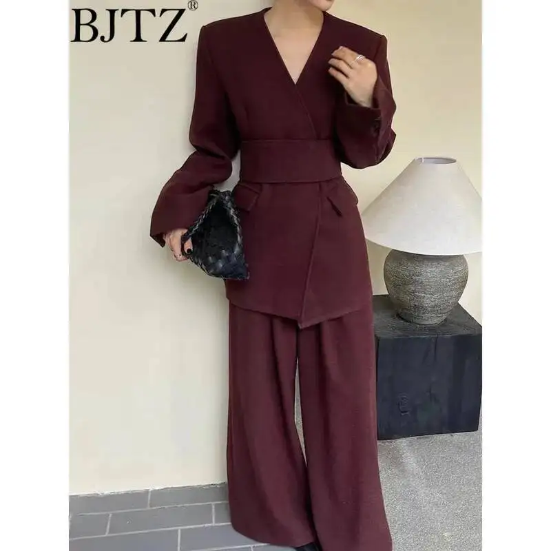 

BJTZ Solid Casual Two Piece Set For Women V Neck Spliced Sashes Coat High Waist Wide Leg Pant Sets Female Fashion New