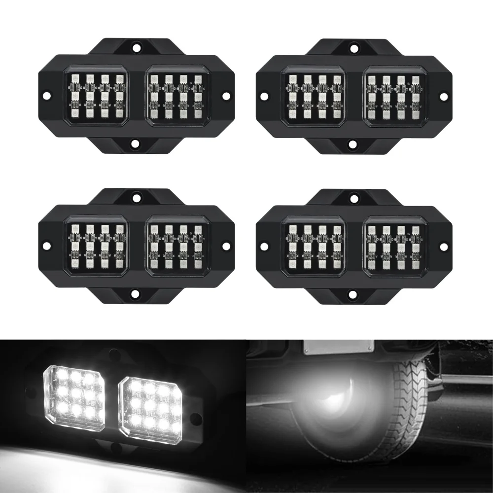 

4Pcs White LED Rock Lights 6000K Car Underbody Lighting 12V Hardwired Driveway Lighting for Trucks, ATVs, UTVs, SUVs, Pickups