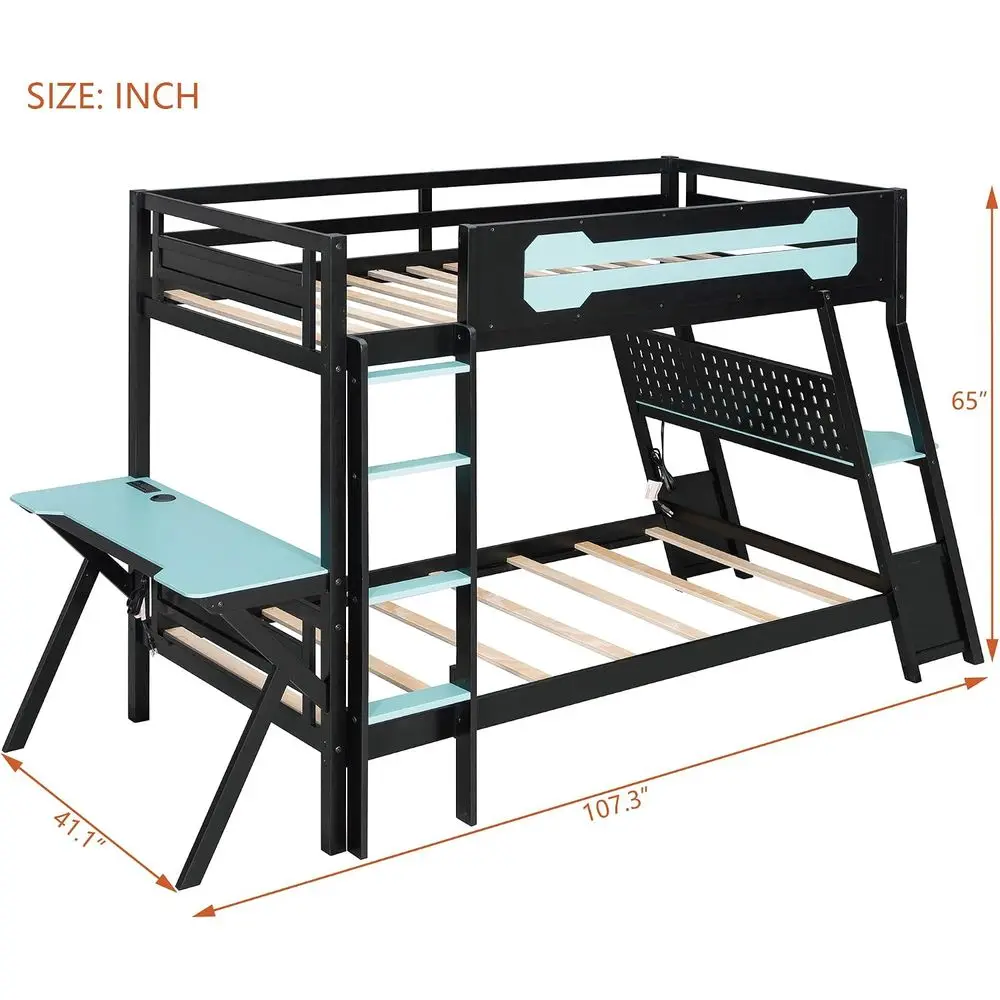 Twin Size Gaming Bunk Bed with 2 Desks, USB Ports, and Pegboard Storage for Kids and Adults (Blue, 12.5) view 2