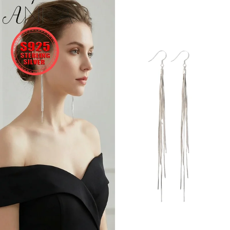 All 925 Sterling Silver Long Snake Bone Earrings Fringe Drop Dangle Earrings, Minimalist Women's Jewelry Gift argent 925 сережки