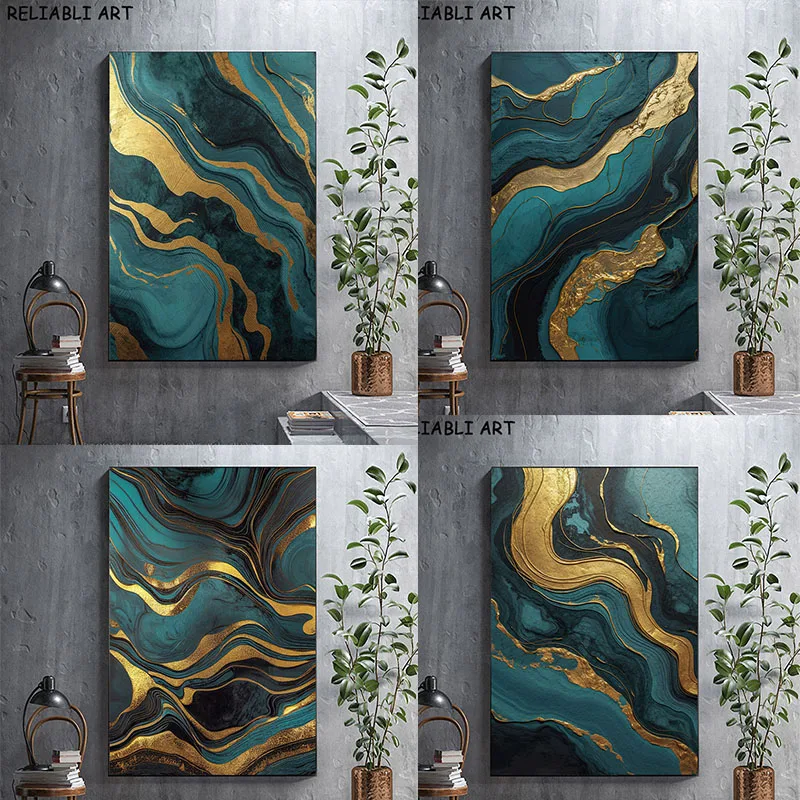 Peacock Blue Golden Lines abstrat Poster and Prints Canvas Painting Modern Wall Art Pictures For Living Room Home Decor No Frame