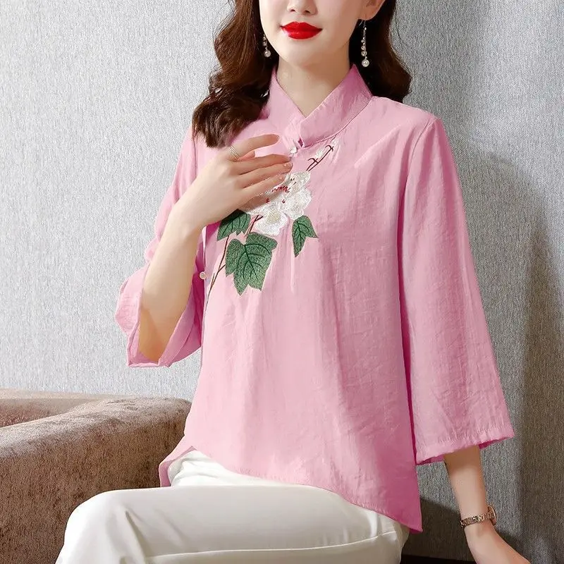 Chinese Style Retro Embroidered Cotton Linen Zen Tea Clothes Republic Tang Suit Modified Version Hanfu Cheongsam Top for Women