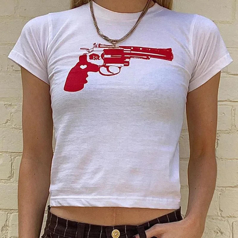 2000s Gothic Grunge Print T-shirt Women\'s Summer Skinny Crop Tops Black Funny Short Sleeve Kpop Harajuku Street Tees Y2k Clothes