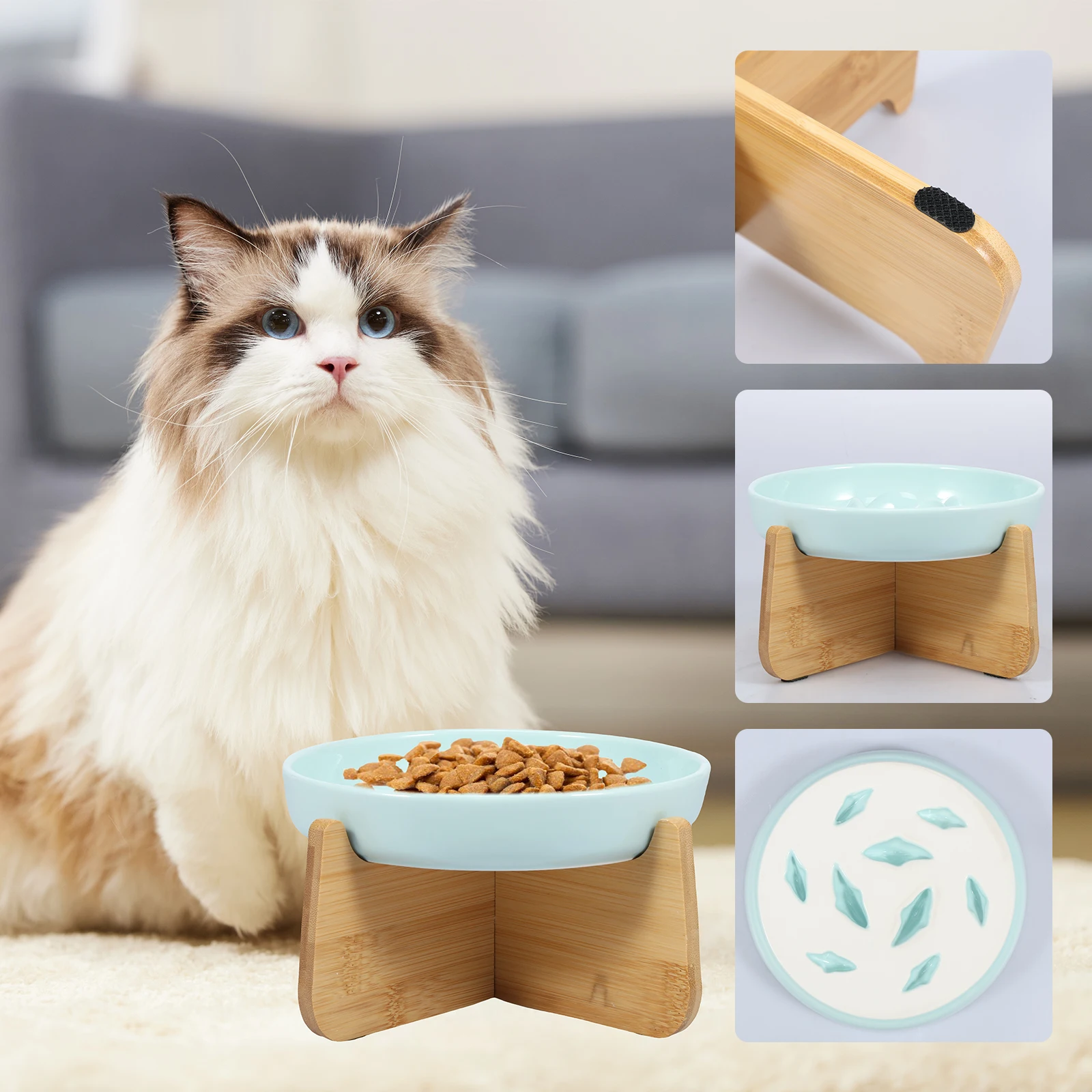 Slow Feeder Bowl with Wood Stand Ceramic Raised Cat Bowl for Neck Protection Anti-choking Slow Eating Pet Bowl Feeding Supplies