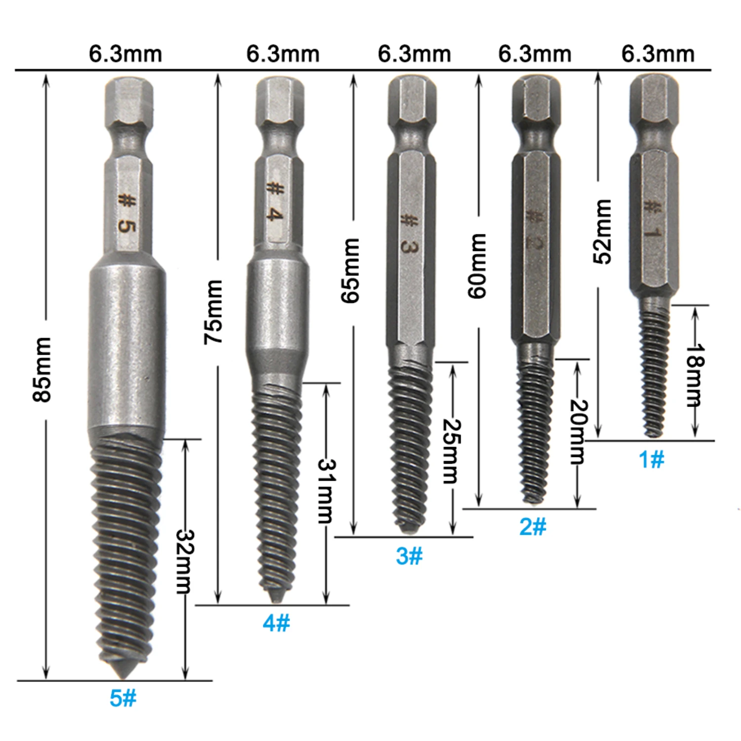 5pc Hexagonal Handle Broken  Screw Extractor 60mm Black Quick Release  Hexagonal Broken Thread Removal Tool Set