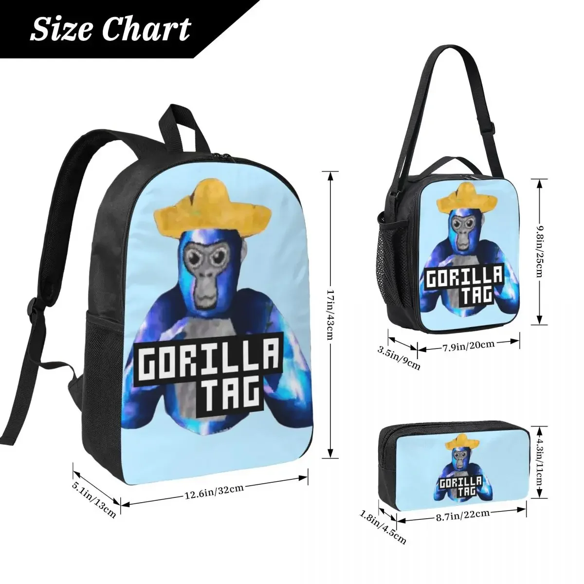 Gorilla Tag Yellow Hat Gorilla Tag Merch Backpack Student Boys Girls BookBag School Bag 3ps Insulated Lunch Bag Pencil Case