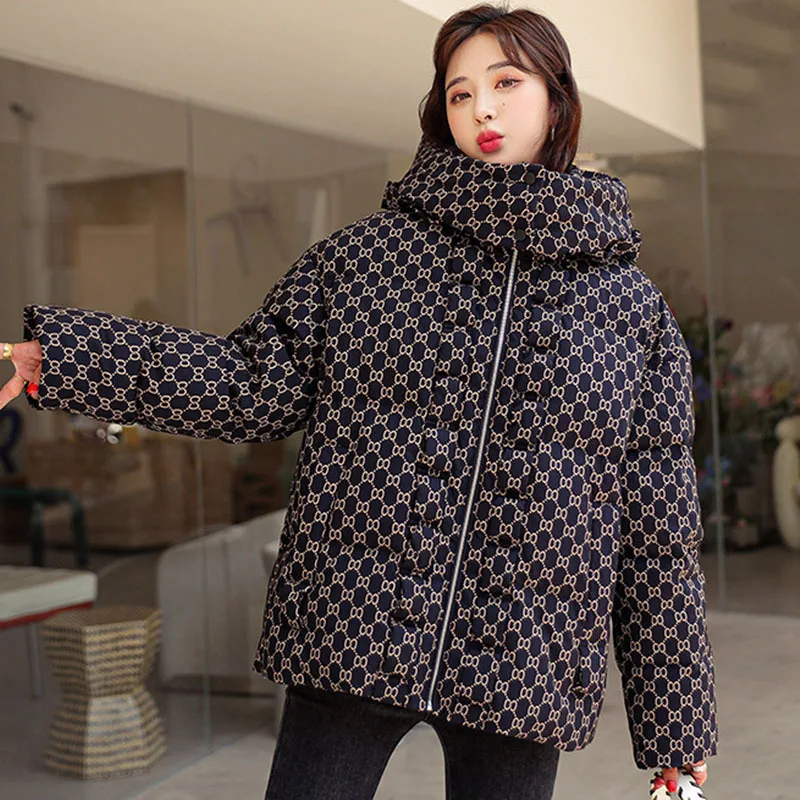 Women\'s Winter Coats White Duck Down Thicken Warm Overcoat Fashion Printing Hooded Short Down Coats Loose Leisure Hooded Outwear