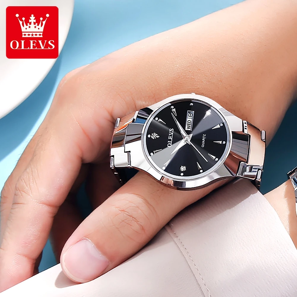 OLEVS 8697 Quarzuhr aus Wolframstahl für Damen, Kalender, Wochenanzeige, wasserdicht, klassisch, elegant, luxuriös, Damen-Armbanduhr