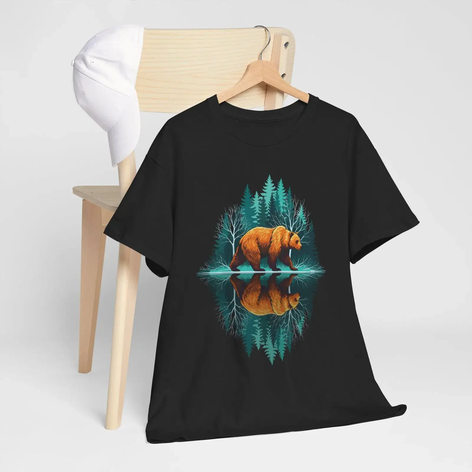Trees Reflection Wildlife Nature Animal Bear Outdoor Forest T Shirt vintage Washed Breathable graphic fashion Stylish Unisex