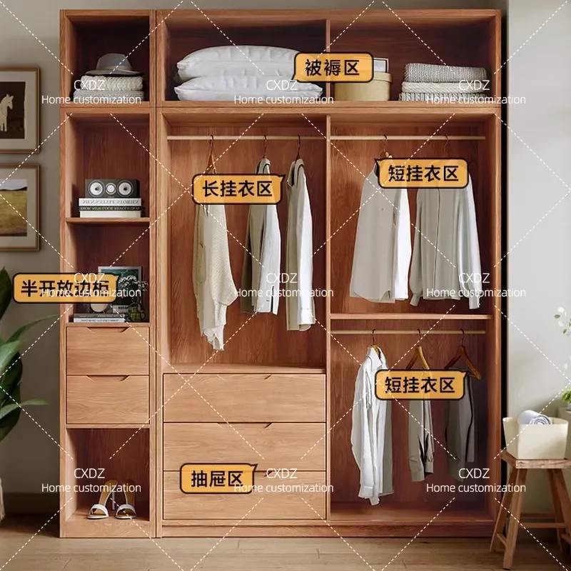 Medieval Style Solid Wood Oak Sliding Door Wardrobe Rattan Door Cabinet for Small Apartment Bedroom Household Storage