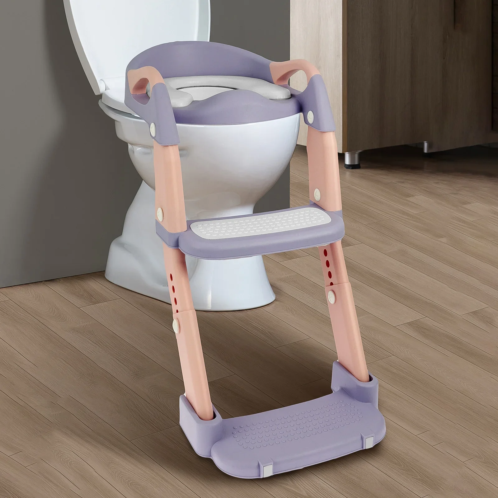 Children's Toilet Seat Stairway Adjustable Baby Toilet Folding Stand Step Stool Toilet Seat Ring with Nonslip Pad for Boys Girls