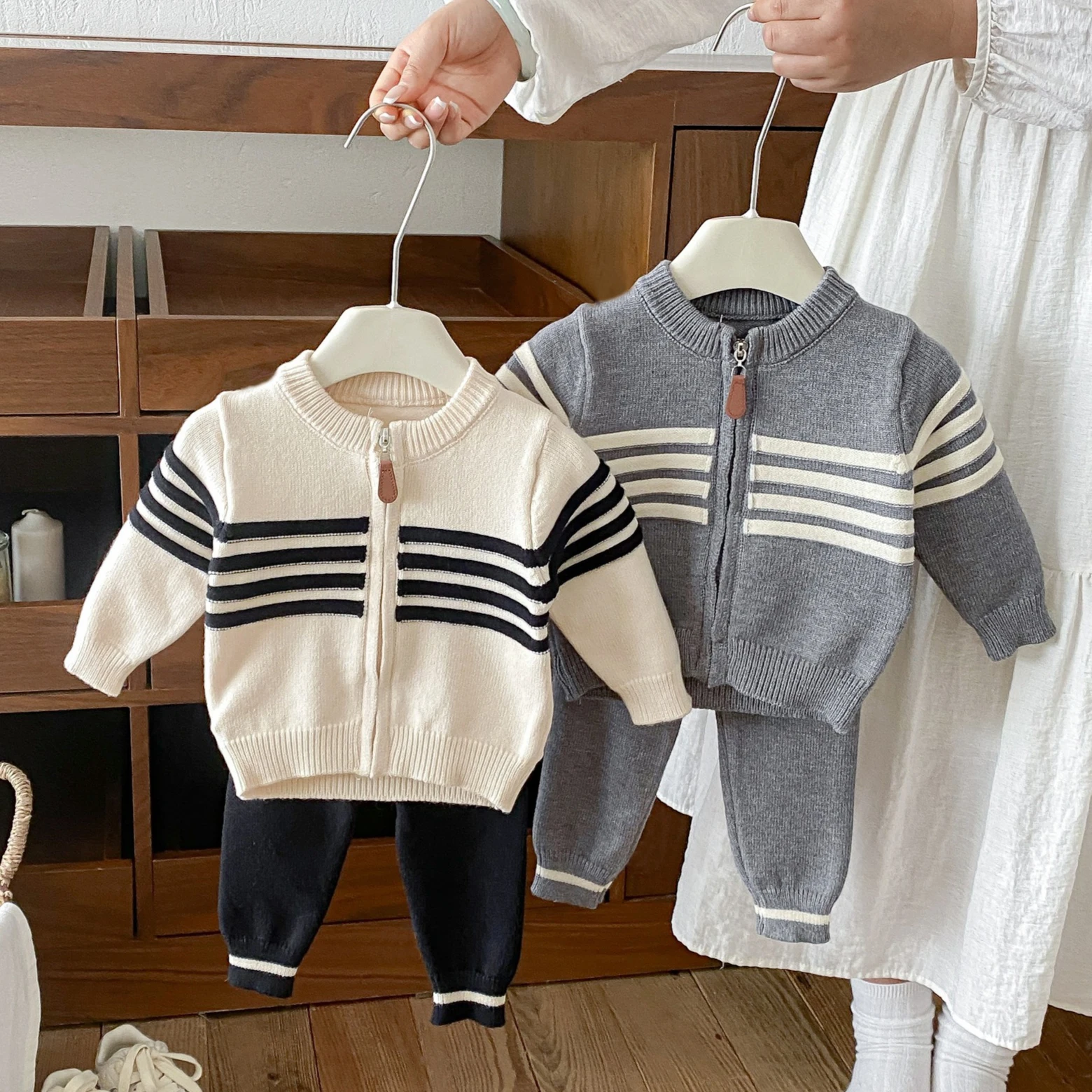 Boys' Suit 2026 Spring and Autumn New Children's Wear Boy Baby Temperament Simple Striped Knitted Cardigans Pants Two-piece Set