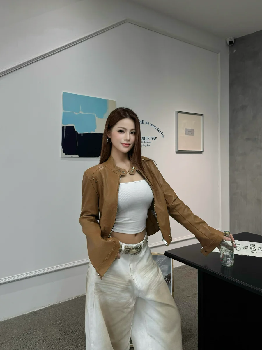 

Caiii American Retro PU Leather Jaet ort Women's Motorcycle Sle Top Trendy Zipper Closure Slim Fit Commute Sle