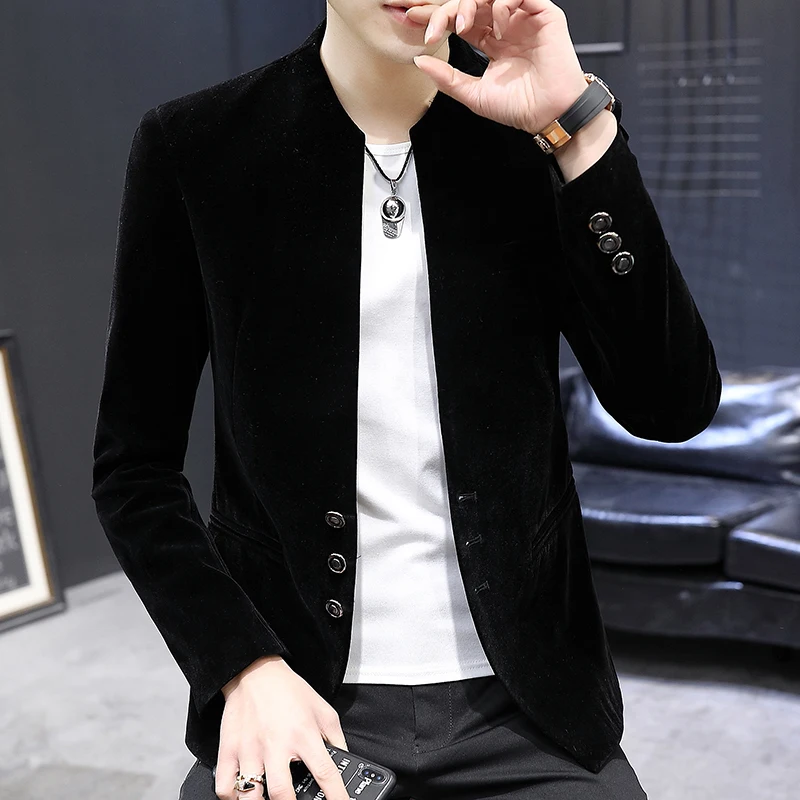 New boutique fashion handsome trend canary velvet small yuan collar suit Korean version slim handsome coat Yuan collar shirt