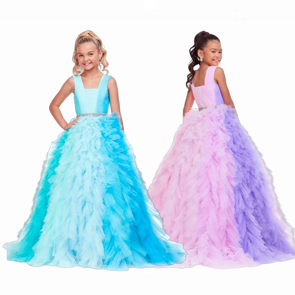 

Luxury Rainbow Flower Girls Dress for Wedding Dresses Kids Tiered Tulle Ball Gown Birthday Party Pageant First Communion Gowns