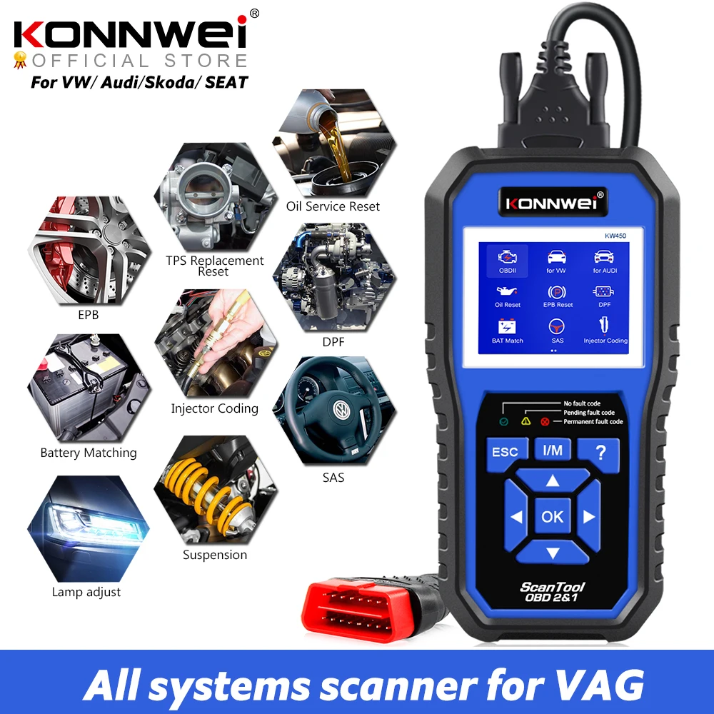 KONNWEI KW450 OBD2 Diagnostic Tool for VAG Cars VW Audi ABS Airbag Oil ABS EPB DPF SRS TPMS Reset Full Systems Scanner VAG COM