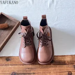 Oryginalne skórzane buty damskie damskie klasyczna, Retro Lace Up Mori wysokiej-najlepsze małe skórzane buty płaskie przednie Lace-up botki buty damskie