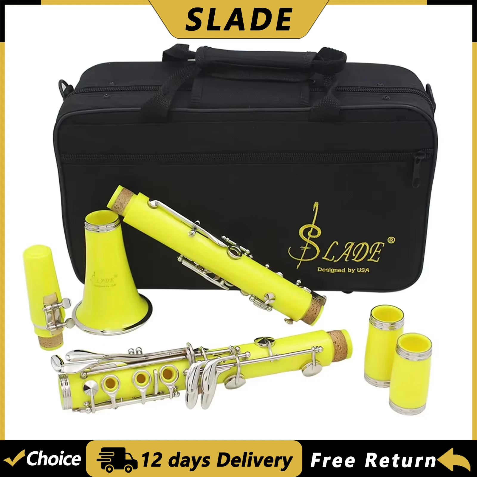SLADE 17 Key Bb Clarinet Yellow B Flat Bakelite Clarinet with Case Reeds Strap Cloth Woodwind Instrument Parts & Accessories