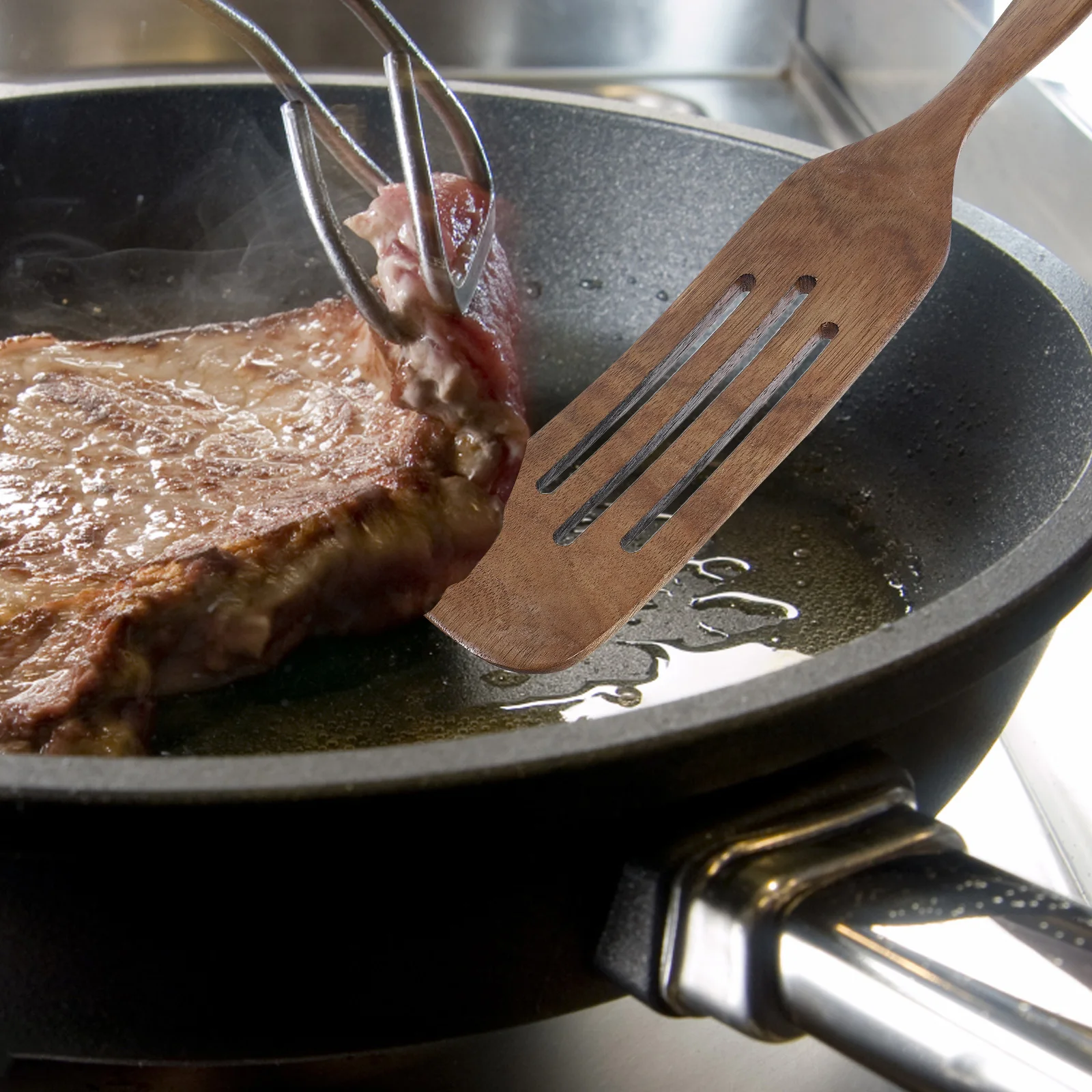 ملعقة مطبخ خشبية بمقبض طويل، سبورتل مشقوق لتحريك الخلط والقلي، ملعقة طبخ خشبية، تجهيزات المطابخ غير اللاصقة