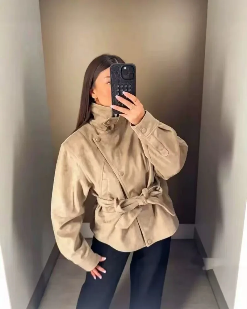 Women's jacket 2026 new fashion lace-up waist faux suede short fitted jacket five colours with stand-up collar and long sleev