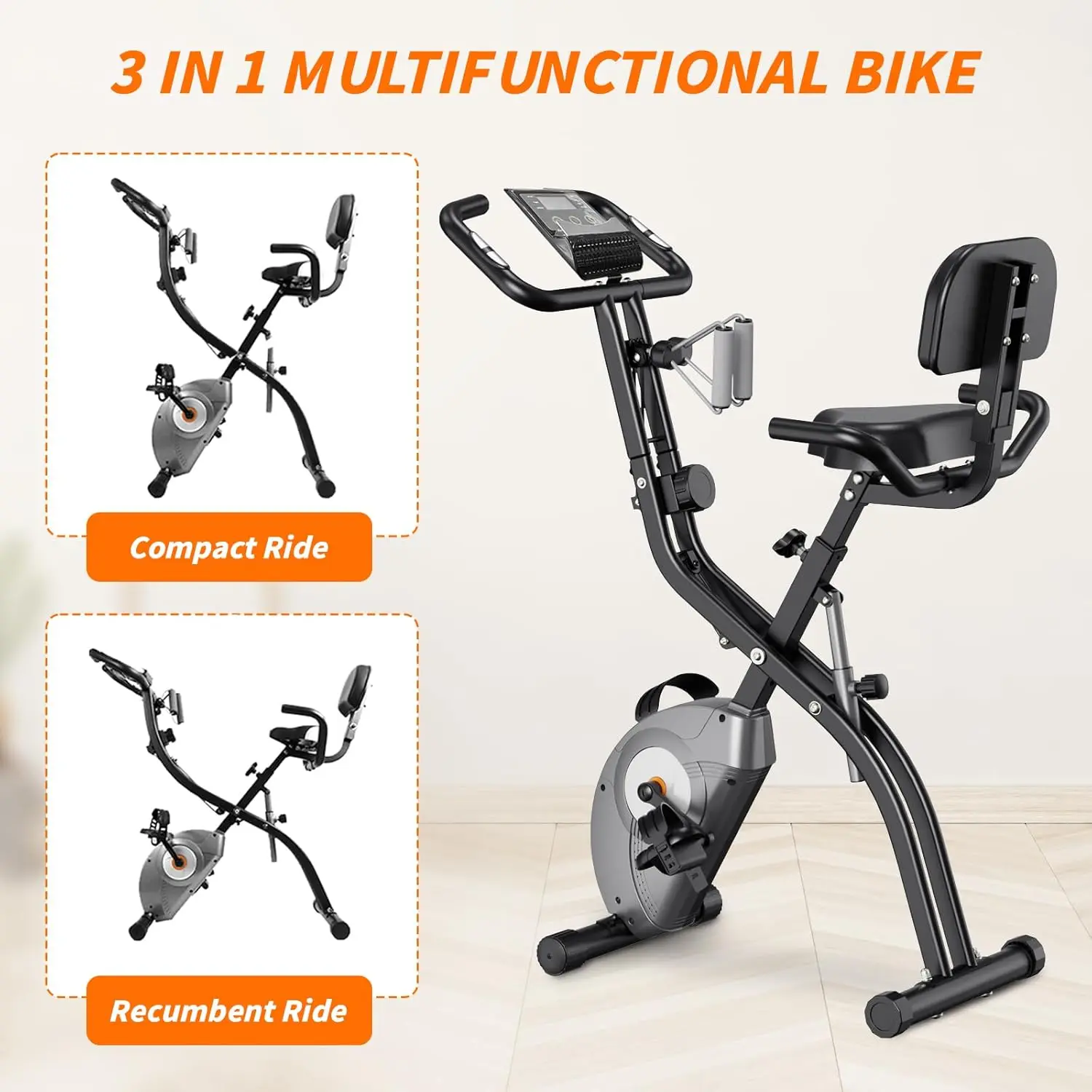 Vélo d'exercice magnétique pliable pour l'entraînement à domicile, vélo stationnaire d'intérieur, vélo de fitness vertical, vélo couché, noir, 3 en 1