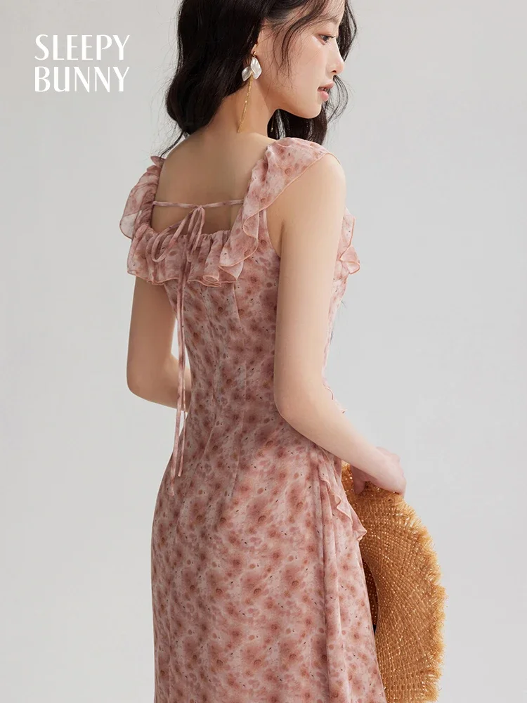 

Summer French Floral Chiffon Ruffle Dress Women Slim Fit Square Neck Sleeveless Vintage Sundress Elegant Long Vacation Dress