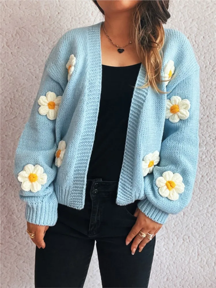 

V-образный вырез сращенный ​ ​ Кардиган с цветочным принтом, зимняя одежда, женские удобные универсальные свободные простые стильные свитера для поездок на работу