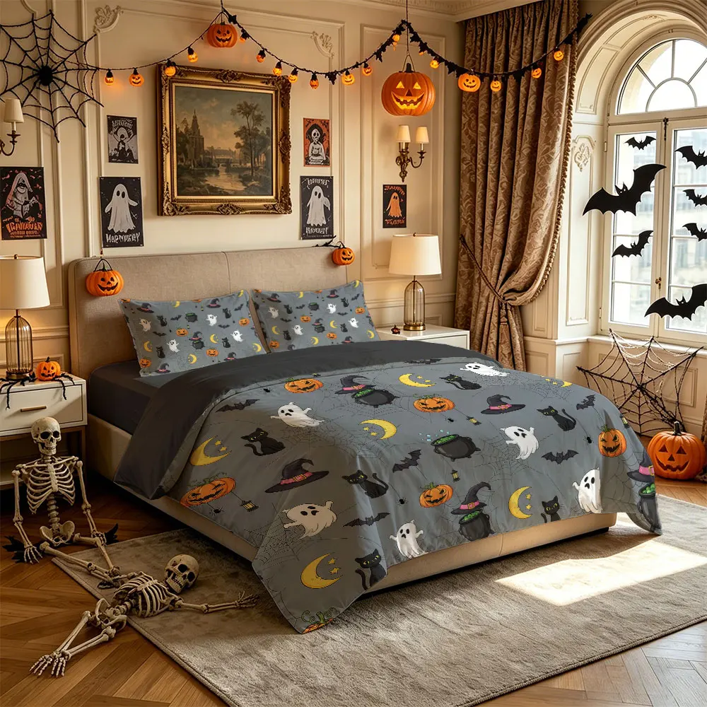 3PCS Halloween Pumpkin Ghost Black Cat Witch Hat Print Bedding Set,1 Duvet Cover+2 Pillowcases,No Filling,Soft Comfortable,Ma