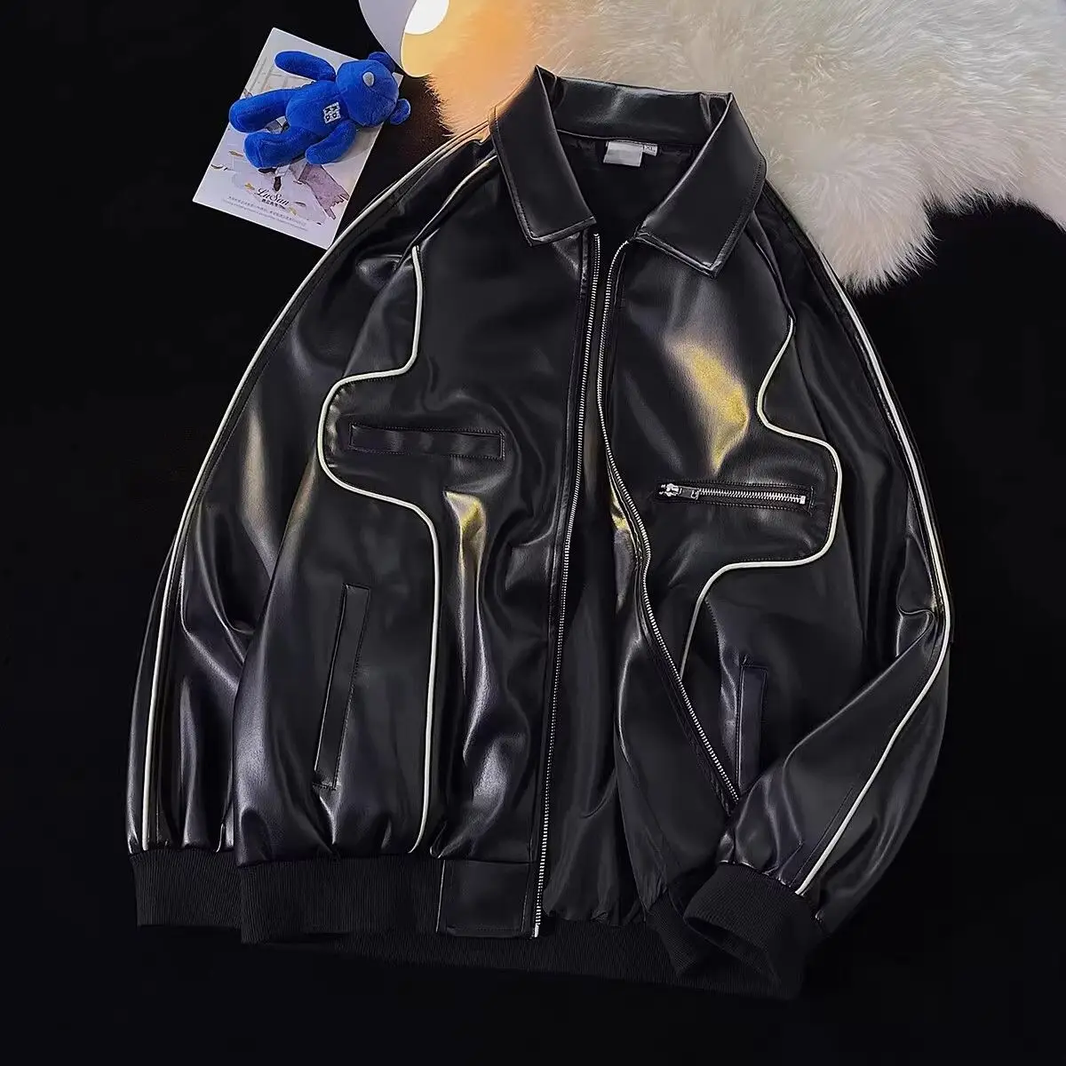 

American Retro Motorcycle Leather Jaet Men's Pilot Jaet Trendy Street Loose Collar Casual PU Leather Top Youthful Energy ...