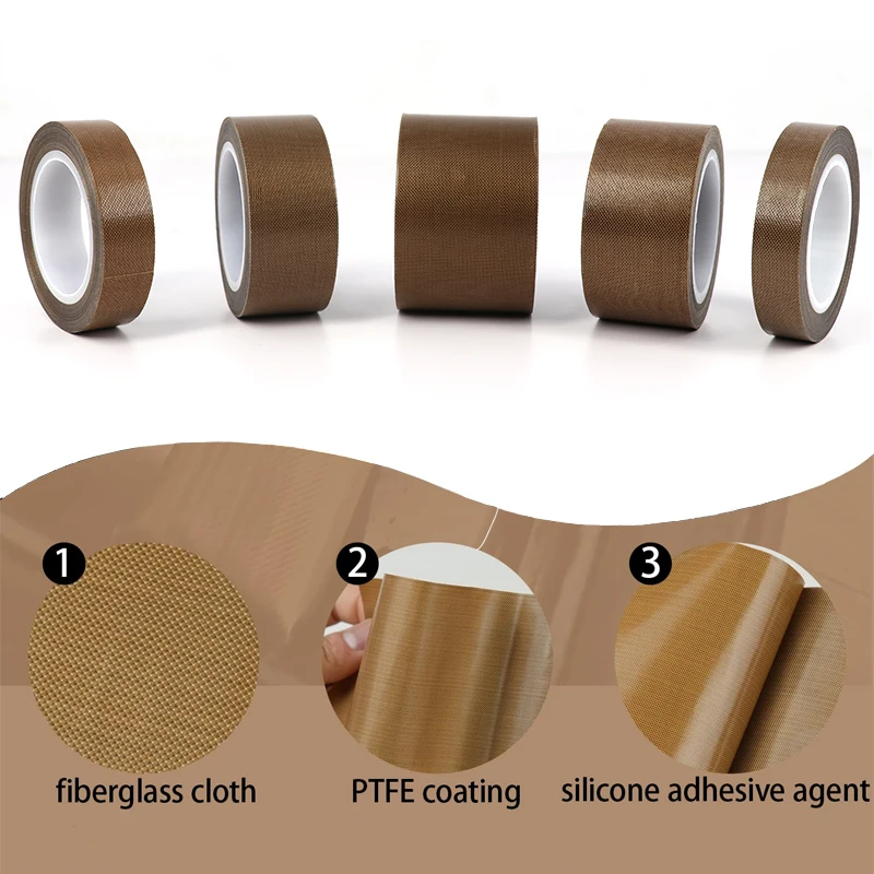 High Temperature Resistant Tape Adhesive Cloth Width 5~50mm Thickness 0.13/0.18mm Insulated Vacuum Sealing PTFE Tapes 10M Length