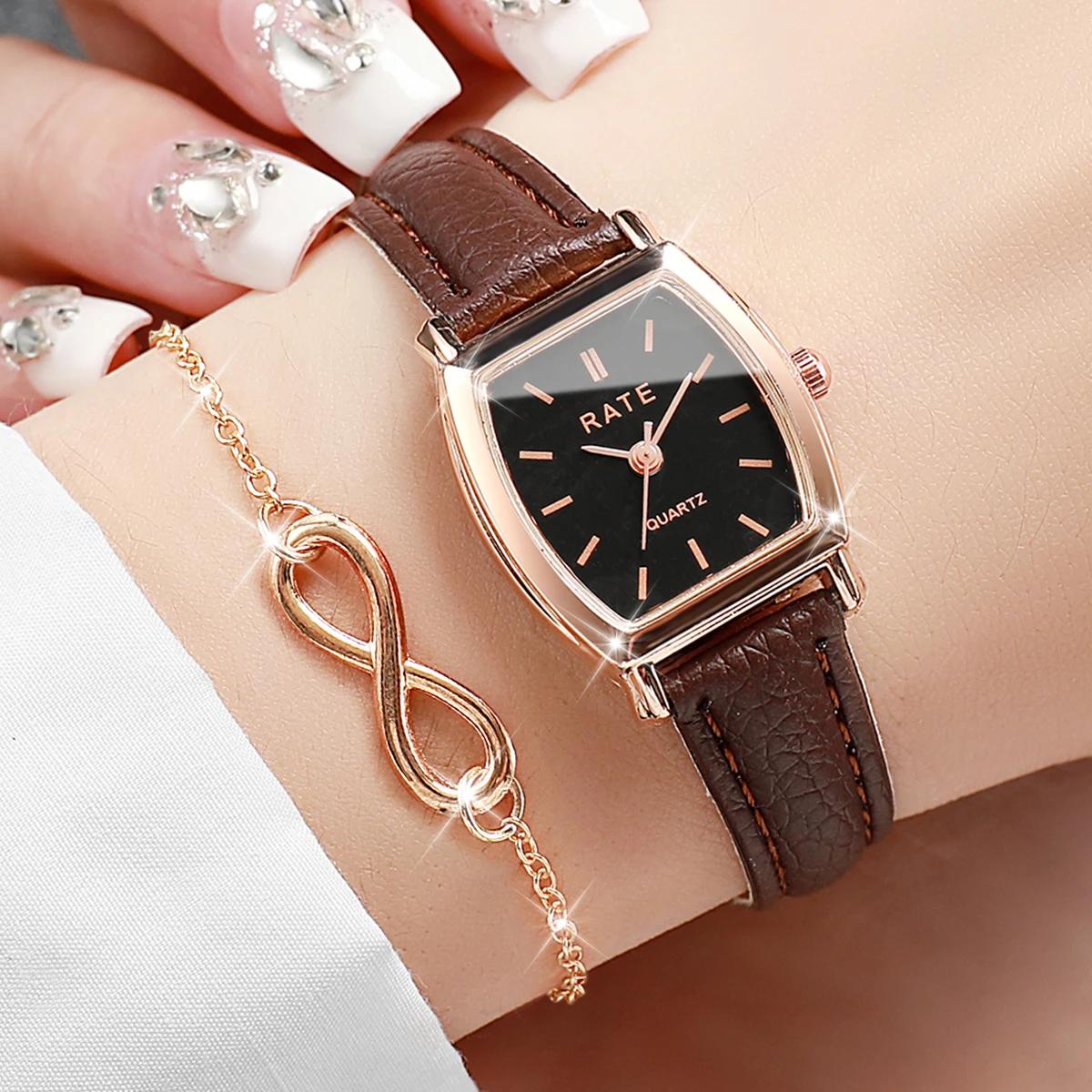 2PCS Vintage Women Quartz Watch Leather Strap Minimalist Ladies Wristwatch Casual Dress Clock Gift Relogio Feminino（Without Box）