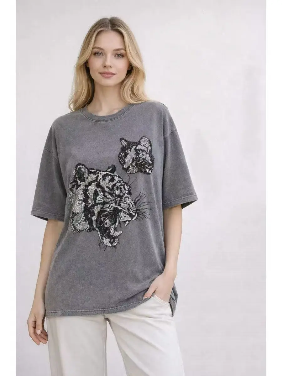Heavy Industry Hot Drilling Tiger Head Pattern Washed Grey Purple Tshirt Women Short Sleeve Gothic Men American Street Style